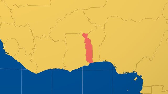 Togo on Globe. Animated zoom into the country in Ocean Blue Golden Yellow color palette. Togo logo animation. Map with meridians, parallels. Vibrant video.