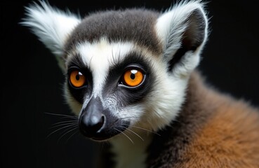 Fototapeta premium Ring-tailed lemur face with striking orange eyes stares intently. Black, white fur pattern on head, face. Creature from Madagascar shows curious expression. Wild animal portrait on dark background.