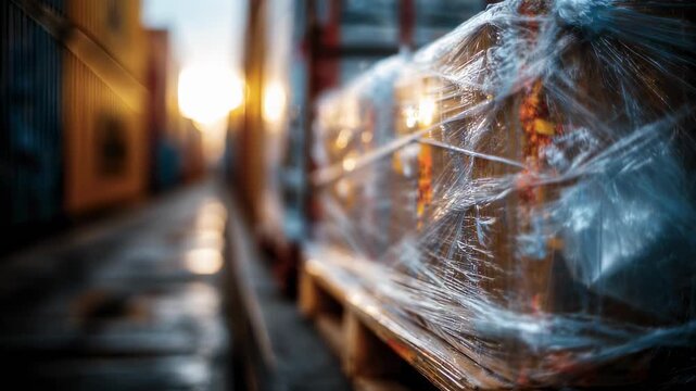 Closeup focus on protective plastic wrap securing goods inside a cargo container with the background intentionally out of focus for emphasis.