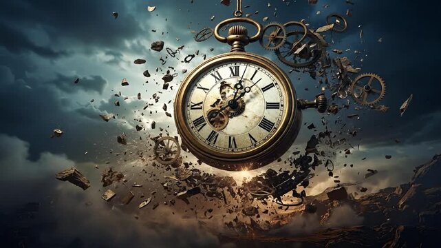 A detailed image of a golden pocket watch, broken with gears, against a stormy sky and rocky landscape