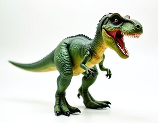 Fototapeta premium Green plastic toy dinosaur with open mouth and sharp teeth stands on white background. Prehistoric reptile figure is detailed, lifelike, and ready for imaginative play.