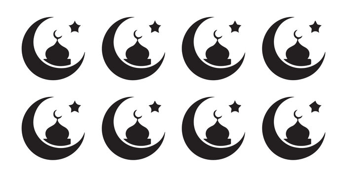 Collection of Islamic crescent moon mosque dome and star vector icons for ramadan and eid celebration design