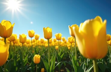 Obraz premium Field of bright yellow tulips under a clear blue sky on a sunny day. The sun shines intensely, illuminating the blooming flowers and green leaves. Low angle perspective showcases abundant flora.
