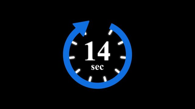 Animation video timer icon with 14 sec. seconds stopwatch icon. Stopwatch icon in flat style. sec timer symbol, isolated on transparent background. Motion graphics of stile number count concept