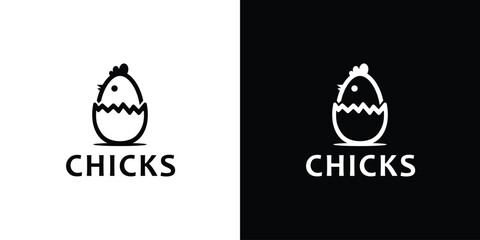 Chicks logo design with egg and chicken black and white. © Nasywa