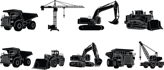 Construction machinery silhouettes set, excavators dump trucks cranes loaders bulldozers industrial heavy equipment icons, cad drawing flat vector illustration, design © Itz Julfikar Here
