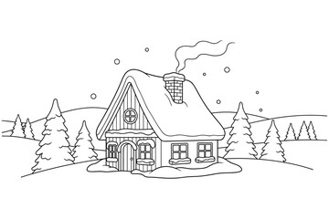 Fototapeta premium Winter Wonderland Coloring Page with a Charming Snow-Covered Cottage - A Serene Scene for Relaxation and Creative Expression