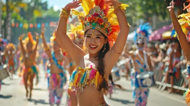 Joyful dancers in colorful costumes parade down a sunny street, celebrating culture.