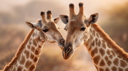 Obraz premium Two giraffes gently nuzzling in sunlit savanna setting.