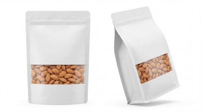 Two white stand-up pouches with clear window filled with almonds packaging zipper bag