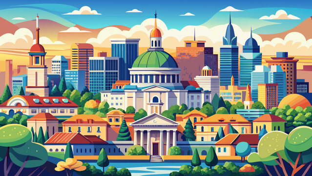 Very beautiful Bucharest panoramic skyline showcases a vibrant European capital with modern buildings, historic structures, and green urban spaces, blending city life and nature under soft daylight an