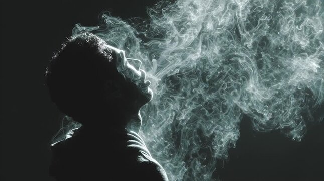 Human breath in cold air visualized as glowing volumetric mist, with every swirl sharply visible, creating a hyper-realistic, atmospheric scene that emphasizes cold temperature and enhanced perception