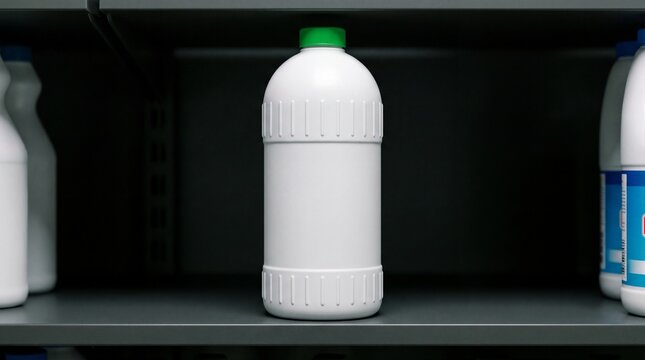 White plastic bottle with green cap on a shelf with other bottles container