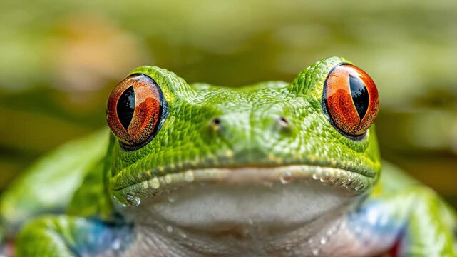 Close-up of a bright green tree frog with large, striking orange eyes, looking directly at the camera.