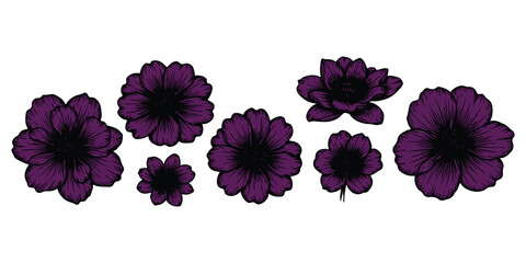 Naklejka premium Collection of deep purple blooming flowers with dark centers, hand-drawn sketch style illustration, isolated on white background