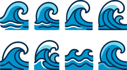 Collection of eight stylized blue ocean wave icons