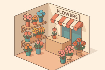 Charming flower shop with colorful blooms and potted plants in cozy interior design