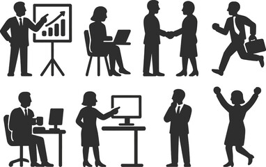 Fototapeta premium Silhouette figures in business settings: presentations, meetings, and celebrations