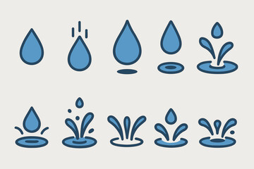 Blue water drop icons with splash variations on white background