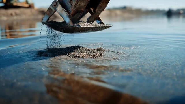 Closeup medium shot of a dredging machine scooping up underwater soil focusing on sediment extraction and water clarity.