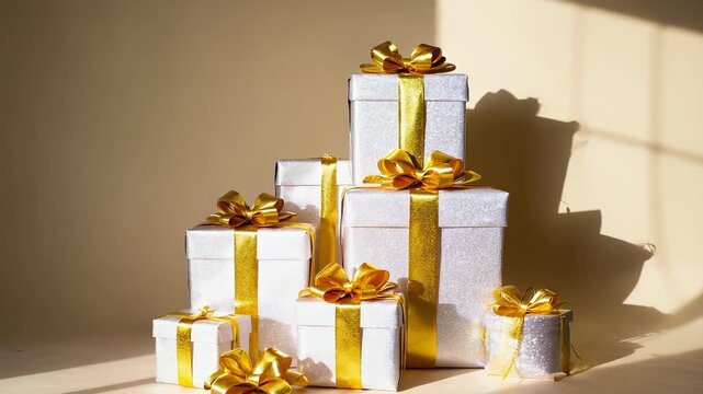 Stacked Gift Boxes with Gold Ribbon: Festive Holiday Presents for Celebration, Gift Giving, or Special Occasion, Elegant and Luxurious.
