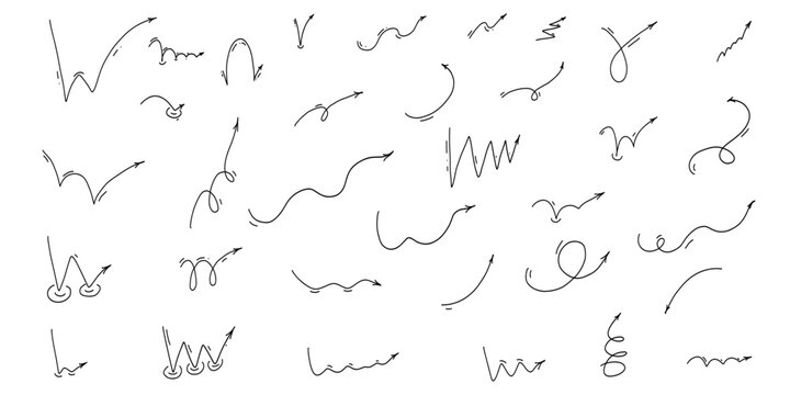 Manga and comic  arrow design elements.Bounce effect arrows doodle set.   Jump trajectory, ball motion expression. Vector illustration, line art