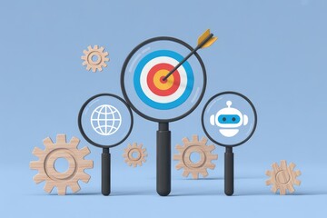 Multiple magnifying glasses and wooden gears centered around a target with an arrow.