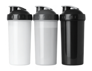 Set of three protein shaker bottles in white, grey, and black colors. Isolated on transparent background