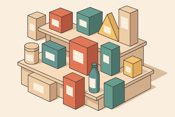 Obraz premium Isometric grocery shelf with assorted colorful boxes and bottles