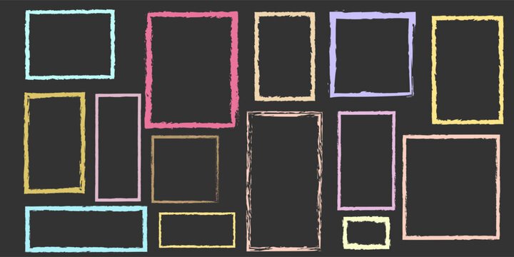 Chalk pencil rectangle frames doodle set. Crayon colored borders in sketch style, rectangular and square shapes, grunge texture. Hand drawn vector illustration isolated