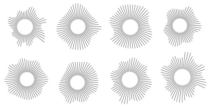 Sound waves in circular forms, linked with audio music, round voice icons, logos for equalizers, radial spectrums, rings. Flat vector illustrations isolated