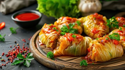 A wooden plate holds several stuffed cabbage rolls topped with sauce and garnished with herbs. A bowl of dipping sauce and garlic are in the background.