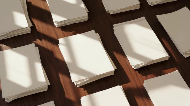 Stack of Blank Paper Sheets on Dark Wood Surface, Creative Workspace, Studio Still Life with Natural Light and Shadow