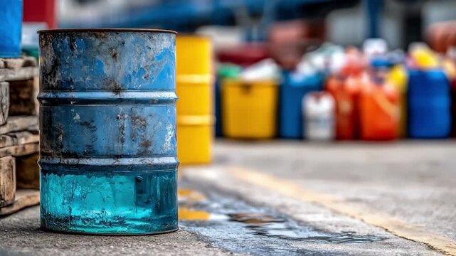 Medium shot highlighting a blue chemical waste container in a large centralized hazardous waste area with other bins subtly blurred to emphasize segregation.