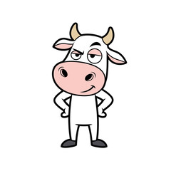 Fototapeta premium Cartoon Cow Character White Pink Snout Tan Horns Dark Hooves Standing Upright Hands on Hips Friendly Approachable Style.png