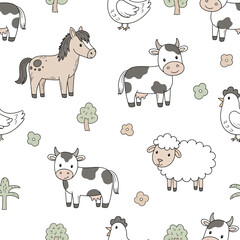 Cartoon Farm Animals Cow Horse Sheep Rooster Pastel Colors Whimsical Playful Style.png