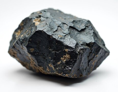 Black sphalerite mineral rock with rough texture isolated on white. Dark ore sample shows natural crystalline structure. This raw geological specimen is a study in texture and form.