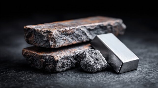Raw iron ore and a shiny metal bar on a dark textured surface