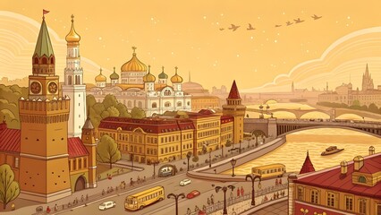 A vibrant pixel art panorama of moscow's historic kremlin towers and bustling riverfront