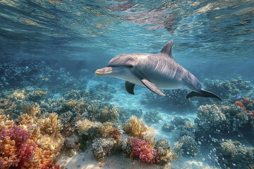 Obraz premium Playful dolphin swimming underwater above colorful coral reef with clear blue water and sunlight reflections creating vibrant and lively ocean scene