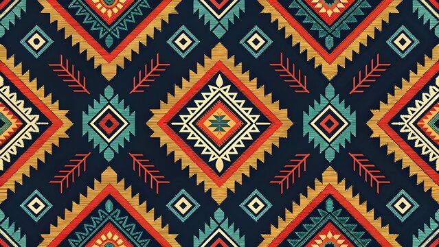 Vibrant ethnic tribal seamless pattern with bold geometric motifs and traditional art