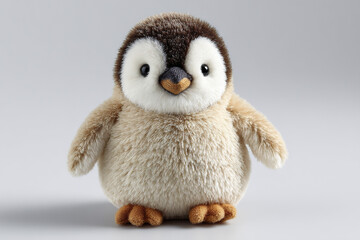 Fototapeta premium Plush penguin toy with rounded body and small wings, soft fur texture, cute face with black eyes and orange beak, standing on neutral gray background, adorable and realistic