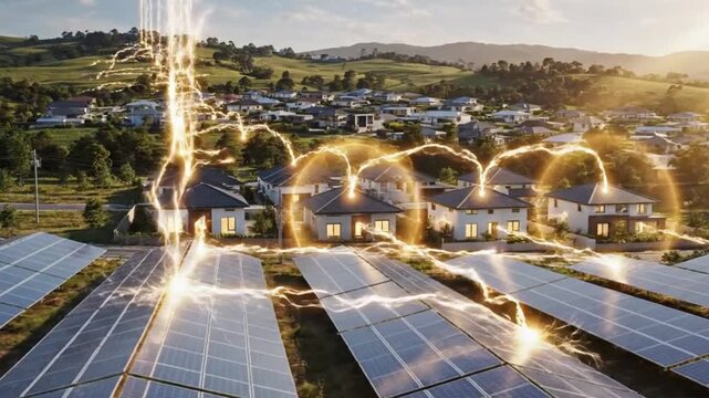 Energy Grid Visualization with Sunlit Solar Arrays and Glowing Power Flow to Homes