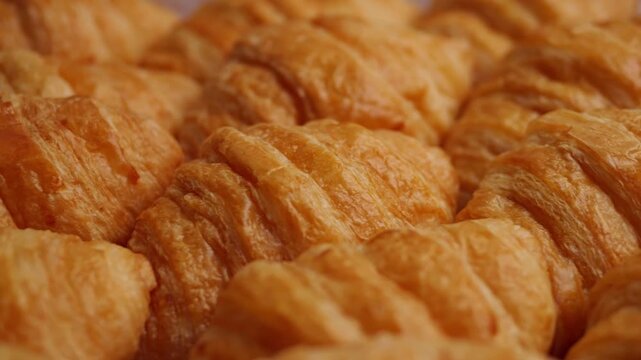 Panning shot of freshly baked golden brown croissants