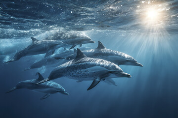 Obraz premium Pod of dolphins swimming gracefully underwater in clear blue ocean with sunlight rays creating peaceful and vibrant marine scene