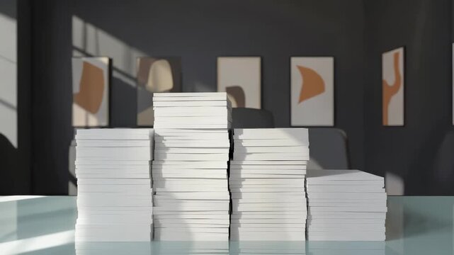 Stack of Blank White Paper Sheets on a Blue Tabletop, Minimalist Workspace, Creative Concept, Copy Space for Design.