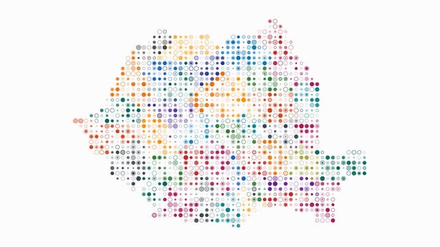 Romania animated country shape. Pulsating colored dots on the map of the country. Small size circle blocks. Digital style Romania map on white background. Abstract animation video.