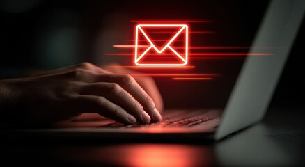Vibrant photo of Person typing on a laptop keyboard with a glowing red email icon, symbolizing digital communication or spam.
