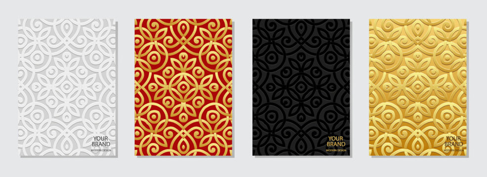 A set of covers, vertical templates. A collection of geometric backgrounds with openwork patterns. Mandalas, arabesques, logos. Embossed 3D ornaments. Ethnicity and traditions of the East, Asia, India