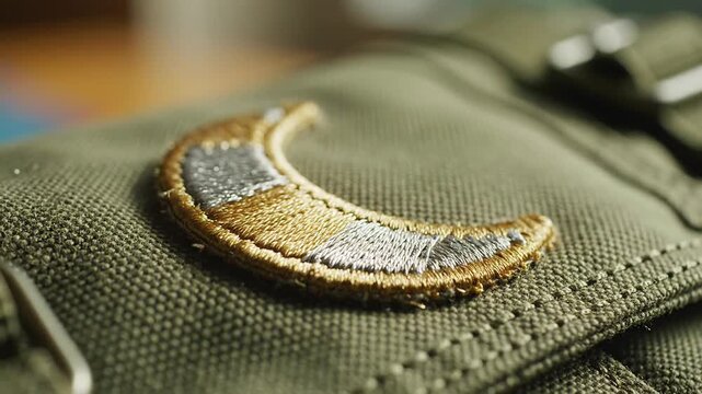 Close-up of a crescent moon embroidered patch on green fabric.